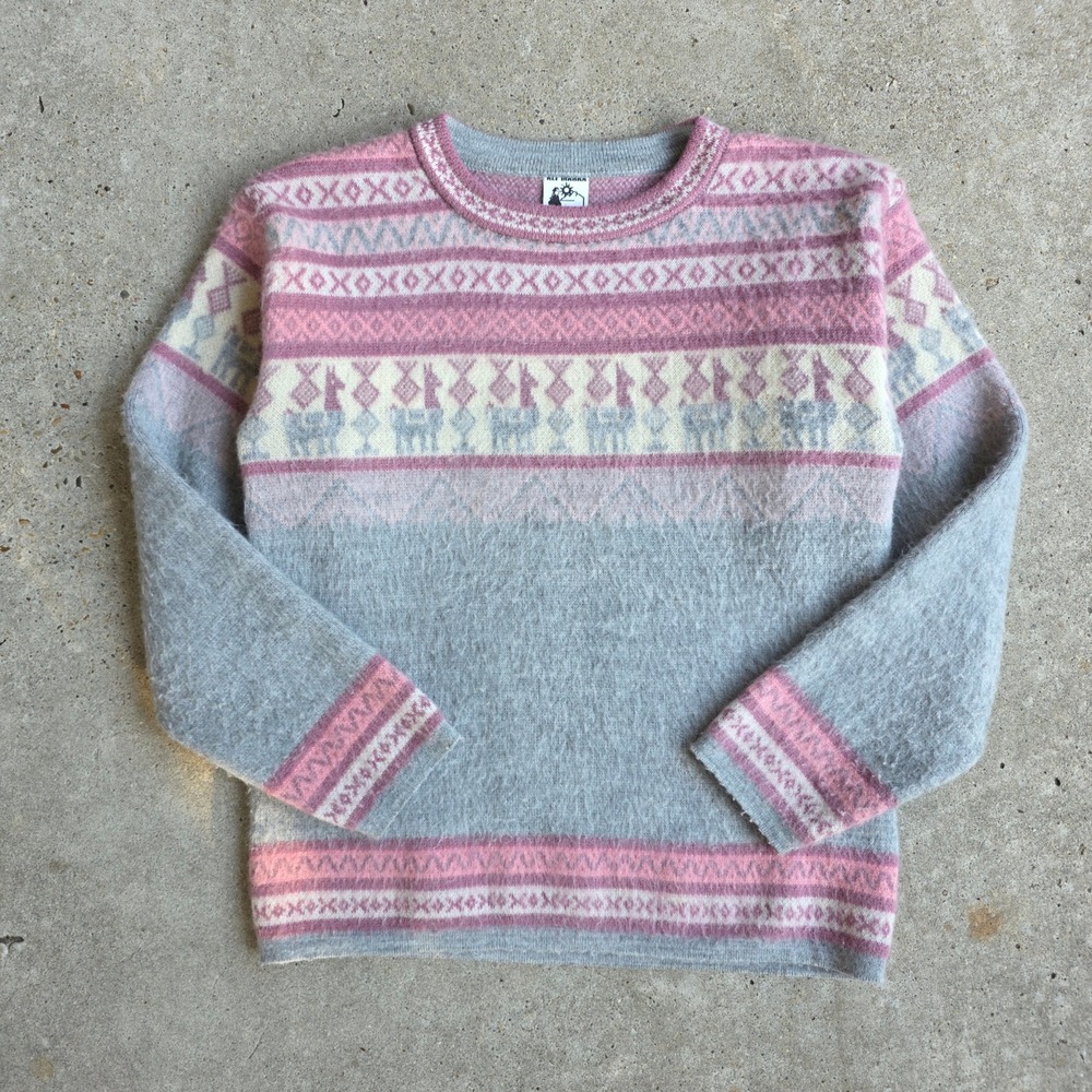 Ecuadorian Alpaca Wool Sweater S Pink Grey Llama Gorpcore Hiking Pastel Nordic